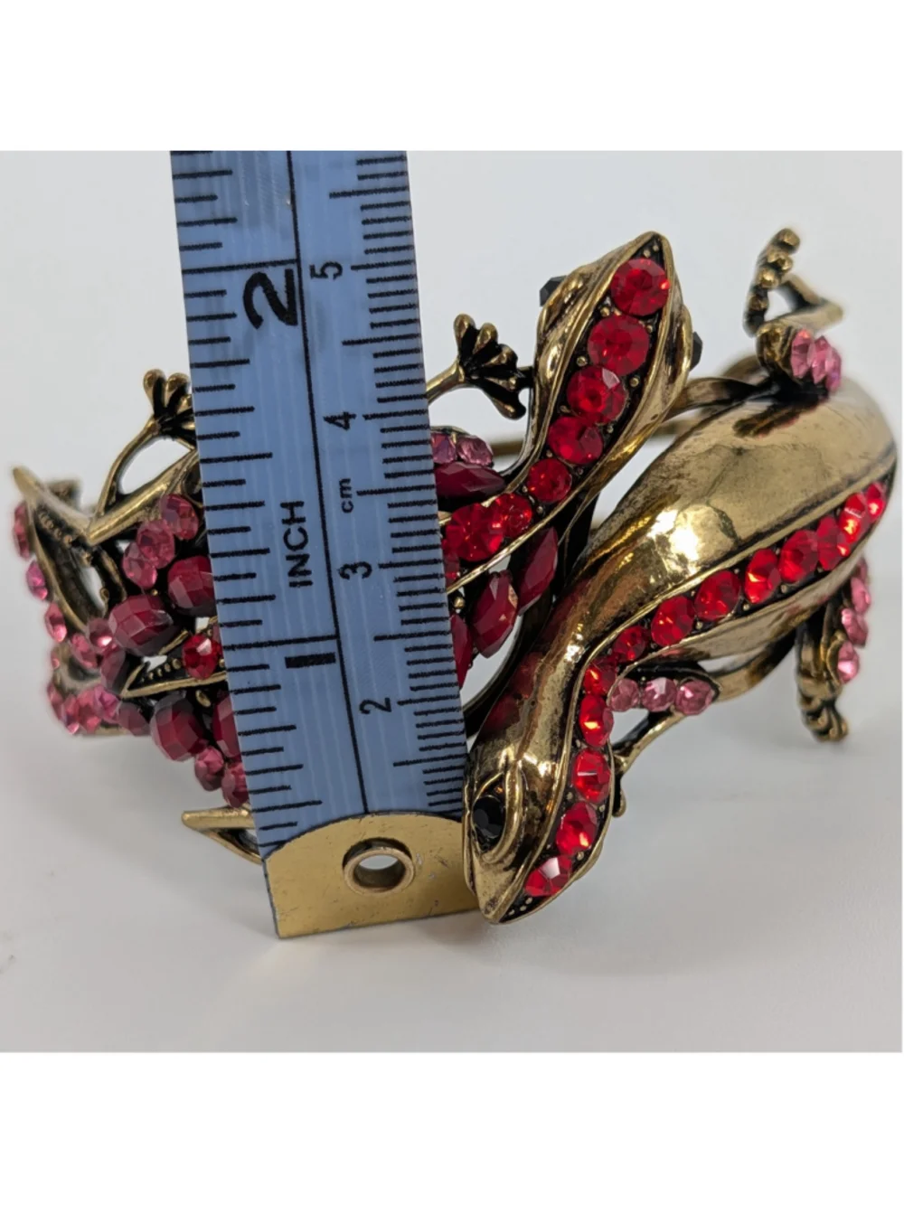 Lizard Rhinestone Hinged Cuff Bracelet Red Pink Gold Tone Statement Signed SDLZ